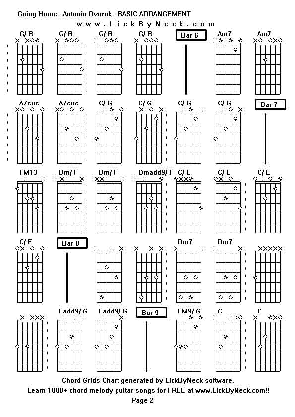 Chord Grids Chart of chord melody fingerstyle guitar song-Going Home - Antonin Dvorak - BASIC ARRANGEMENT,generated by LickByNeck software.